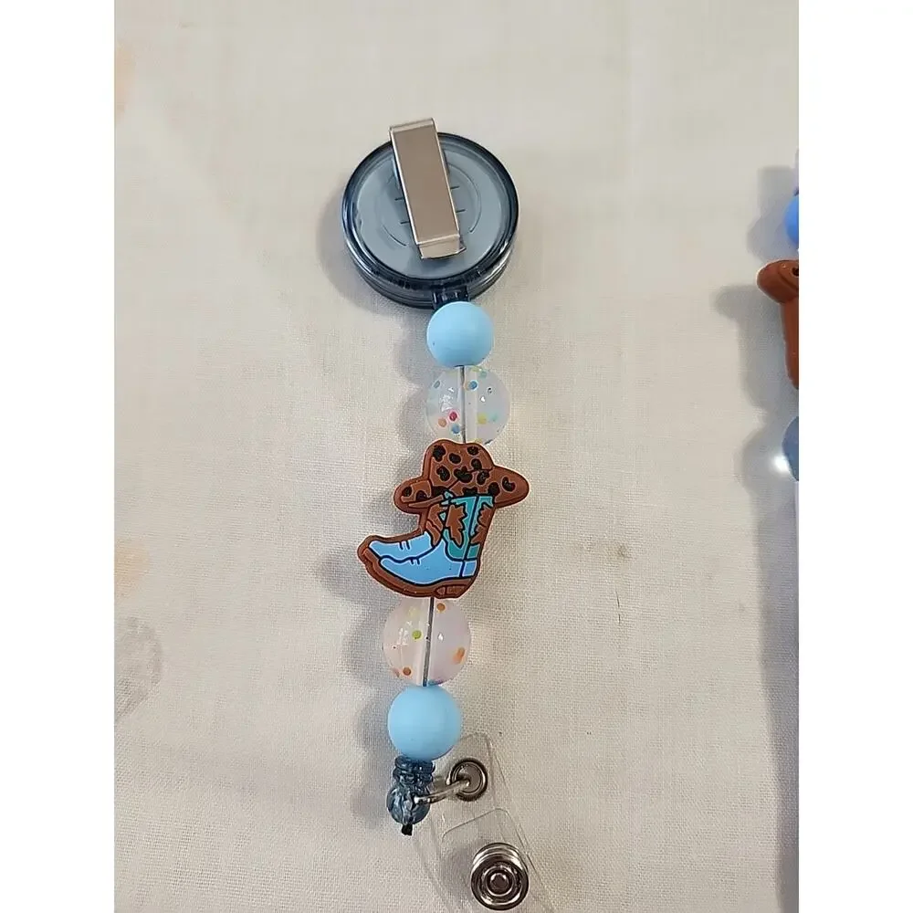 Bead Pen & Badge Reel Combo Blue & Brown Cowgirl Boot